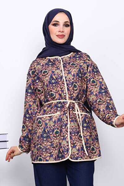 İmajButik Navy Blue Ethnic Patterned Pocket Jacket