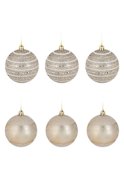 OEM Set globuri de Crăciun bej cu sclipici Ø8cm - 6 buc
