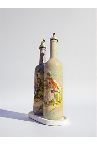Mes Reves 750 ml Handmade Vintage Patterned Olive Oil Liquid Oil Bottle Set of 2 with Presentation Stand Oil Pot Oil Dispenser