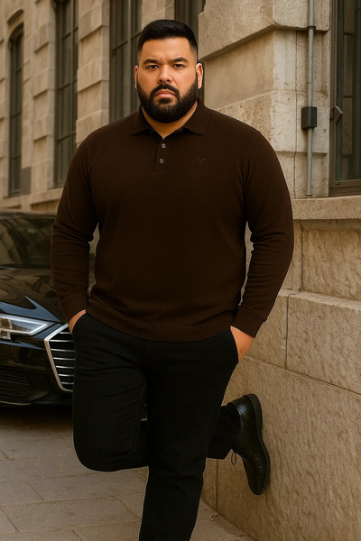 Maccali Ανδρικό πουλόβερ με γιακά πόλο σε μεγάλο μέγεθος, χειμερινό, χαλαρό, σε σκούρο καφέ χρώμα