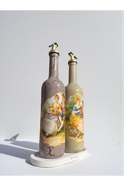 Mes Reves 750 ml Handmade Vintage Patterned Olive Oil Liquid Oil Bottle Set of 2 with Presentation Stand Oil Pot Oil Dispenser