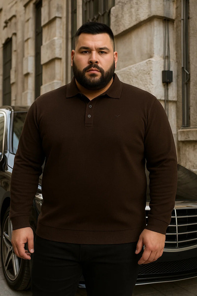 Maccali Men's Plus Size Winter Loose Dark Brown Polo Neck Sweater