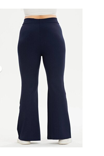 Livik Flared Leg Dark Blue Color Plus Size Diving Fabric Leggings High Waist Pants Plus Size