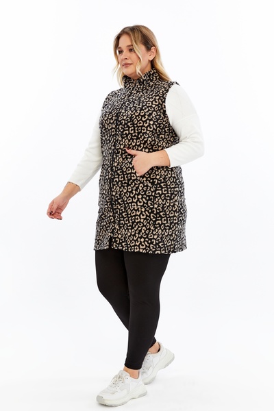Nehir tekstil Mock Neck Kangaroo Pocket Long Fleece Leopard Vest