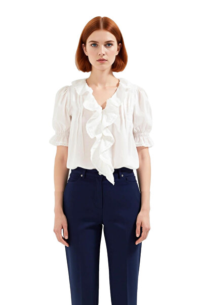 PayBuy Women's Ruffle Detailed V-Neck Cotton Shirt Summer Days and Comfort Functional Durable Stylish