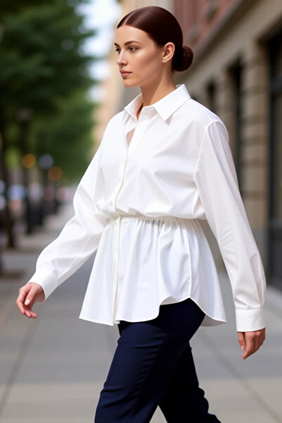 PayBuy Women's Drawstring Waist Detailed Long Sleeve Woven Shirt Plus Size Stylish and Comfortable Daily Wear