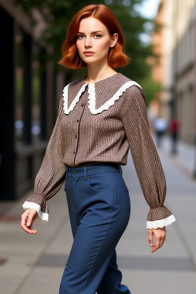 PayBuy Women's Gingham Peter Pan collar Lace Detailed Raglan Sleeve Crop Shirt Casual Elegance Functional