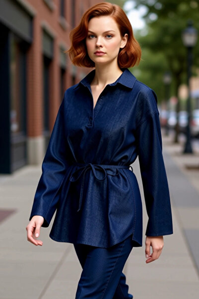 PayBuy Women's Oversized Denim Tunic Shirt Lace-Up Functional Durable Quality Comfortable Aesthetic