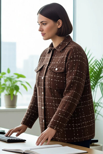 PayBuy Women's Plus Size Tweed Woven Plaid Pattern Long Sleeve Shirt Jacket Winter Season and Comfort