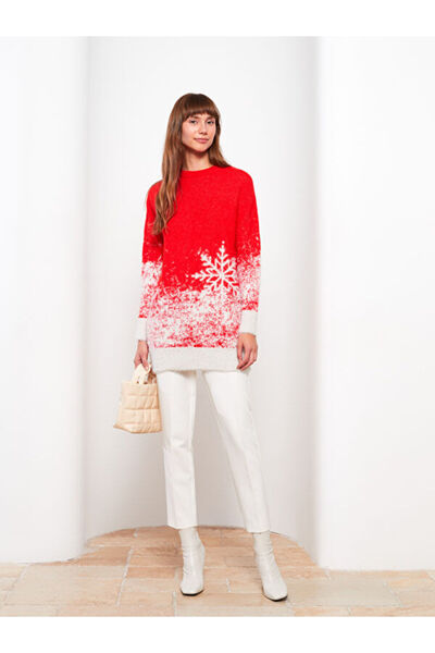 LC Waikiki Crew Neck Christmas Themed Long Sleeve Oversize Women's Tunic