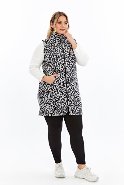 Nehir tekstil Mock Neck Kangaroo Pocket Long Fleece Leopard Vest