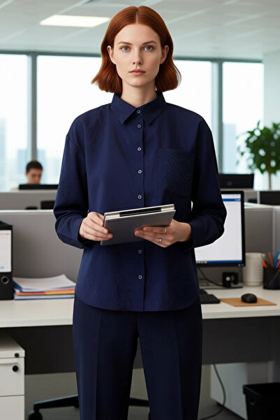 PayBuy Women's Textured Embroidery Detailed Long Sleeve Regular Fit Shirt Modern and Comfortable Design Casual