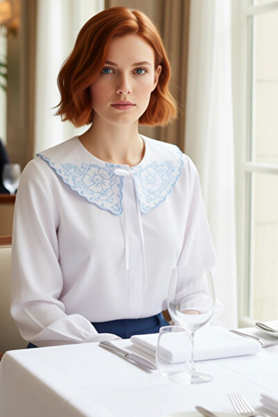 PayBuy Women's Peter Pan collar Embroidery Detailed Woven Shirt the Key to Timeless Elegance Functional Aesthetics