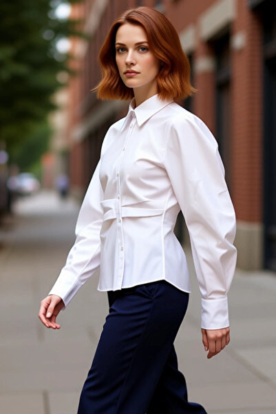 PayBuy Kadın Çizgili Balon Kol Asimetrik Kesim Dokuma Gömlek Modern Görünümle...