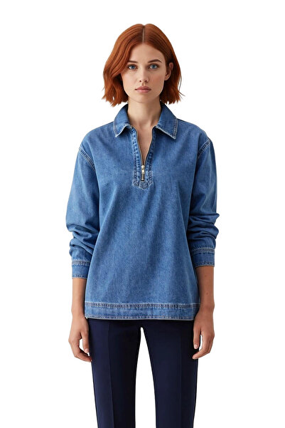 PayBuy Women's Oversized Cut Zipper Detail Long Sleeve Solid Color Denim Shirt the Key to Casual Style