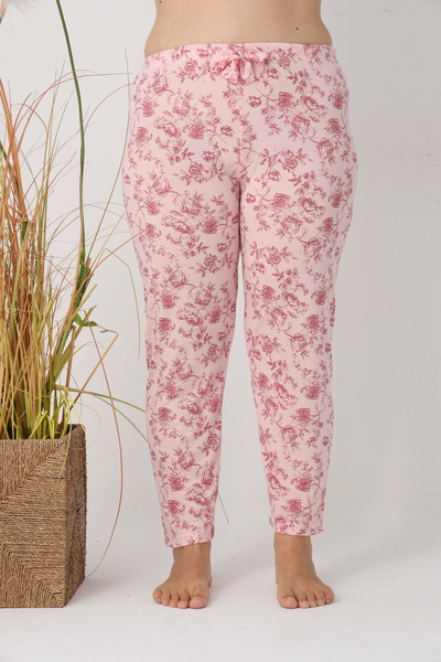Serena Pantaloni de pijama damă Big Size, roz cu flori, 85% vâscoză, 15% poliester