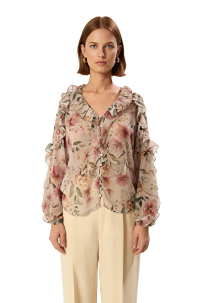 PayBuy Women's Chiffon Woven Floral Patterned Ruffle Detailed Long Sleeve V-Neck Shirt Elegance and Comfort