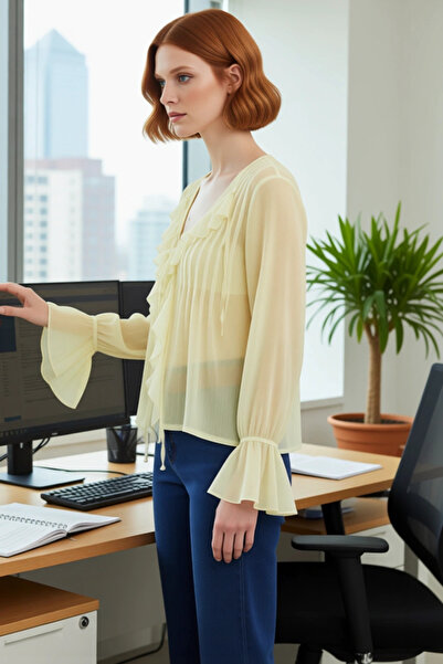 PayBuy Women's Ruffle Detail Chiffon Blouse Long Sleeve Relaxed Fit Spring Autumn Combinations Modern