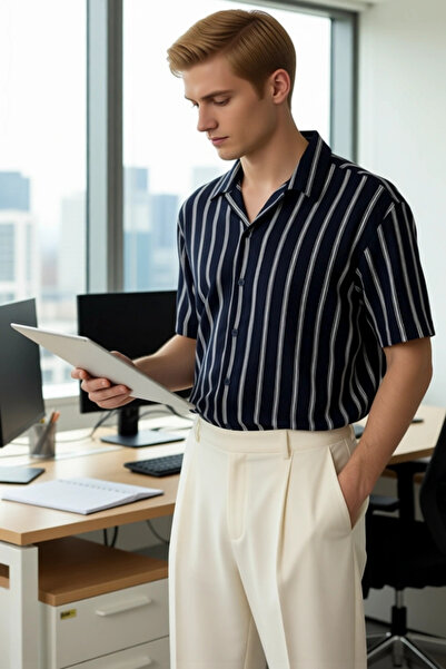 PayBuy Men's Wrinkled Striped Apache Collar Short Sleeve Shirt Functional Durable Quality Comfortable