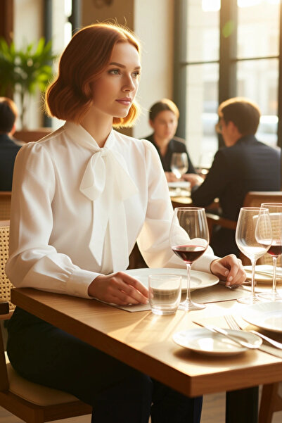 PayBuy Women's Scarf Detailed Halter Neck Regular Fit Long Balloon Sleeve Woven Shirt Stylish and