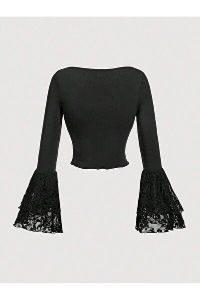 meren like your style Μαύρη δαντέλα ισπανική μπλούζα με κορδόνια με κορδόνια στο στήθος