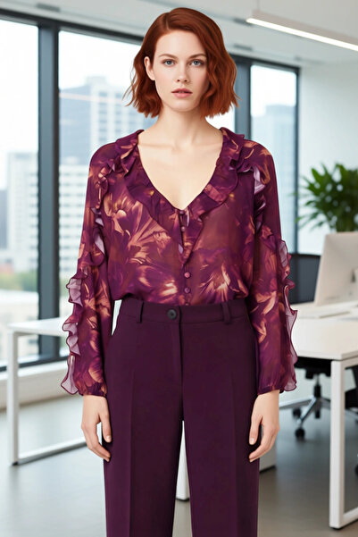 PayBuy Women's Chiffon Woven Floral Patterned Ruffle Detailed Long Sleeve V-Neck Shirt Elegance and Comfort