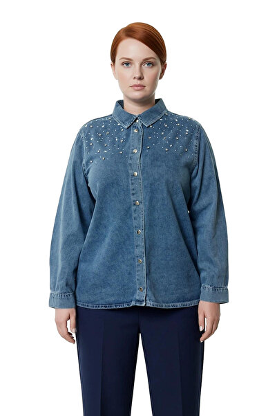 PayBuy Women's Plus Size Stone Embroidered Denim Shirt Combines Timeless and Comfort Functional Stylish