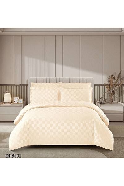 FIONNA.RO Lenjerii Din Damasc Satinat Cu Patratele 4 Piese Cu Elastic - Crem