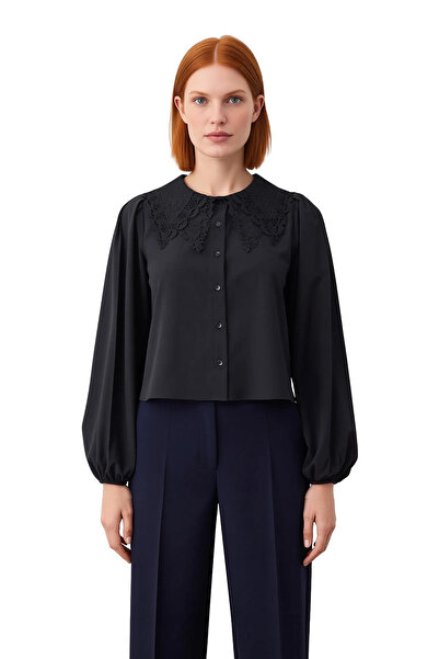 PayBuy Cămașă crop B guler tip Peter Pan cu broderie guipur pentru femei, mâneci lungi tip balon D din material tip stofă Confortabil K croială Casual