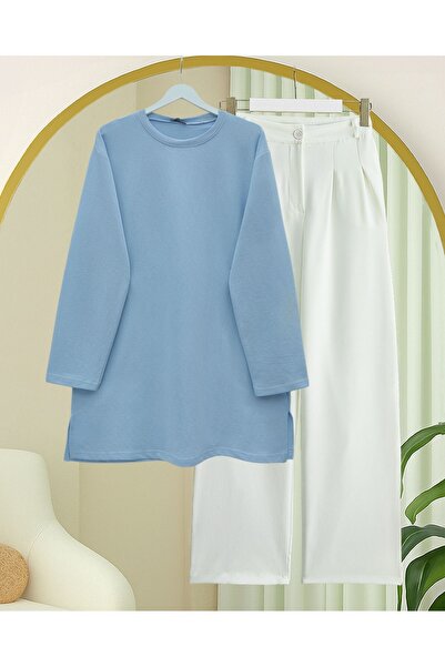 Modamorfo Round Neck Slit Casual Combed Cotton Tunic - Baby Blue