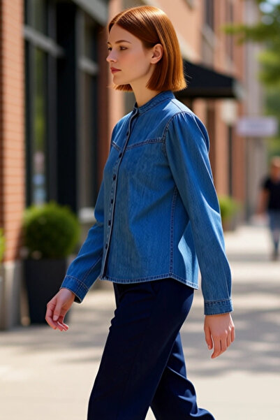 PayBuy Women's Stitching Detail Court Collar Long Sleeve Denim Shirt Relaxed Fit Everyday Elegance Durable