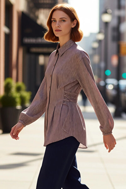 PayBuy Kadın Bel Bağlama Detaylı Uzun Kollu Dokuma Gömlek Günlük Şıklık Ve Ko...