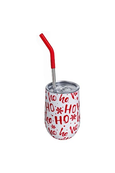 OEM White metal insulated cup with 'HO HO' print, straw and transparent lid, 350 ml