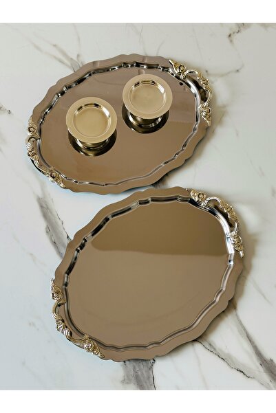 Melinda Lunea 2-Piece Silver Handled Oval Coffee and Promise Tray - Ring Holder Set (20X25Cm)
