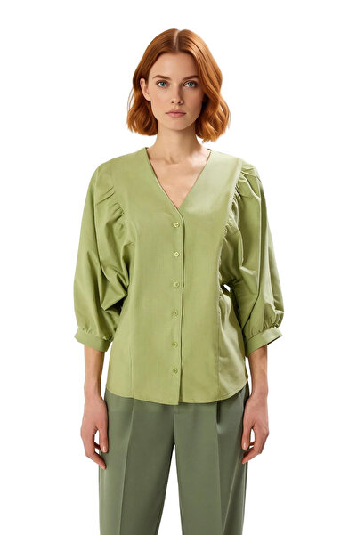 PayBuy Women's V-Neck Balloon Sleeve Regular Fit Woven Cotton Shirt Offers Timeless Elegance Functional
