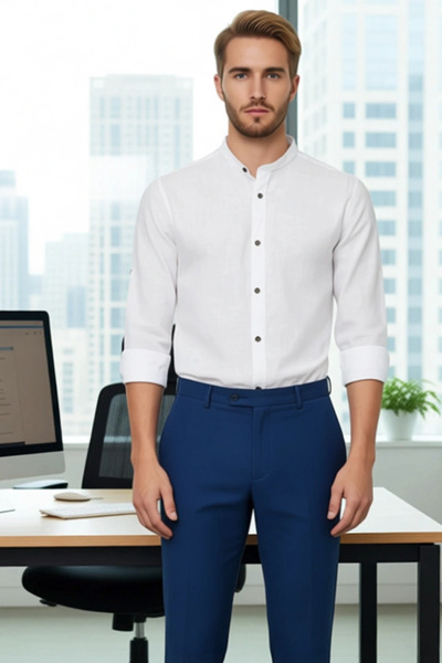 PayBuy Men's Slim Fit Judge Collar Plain Pattern Long Sleeve Cotton Linen Look Stylish Casual Shirt Sports