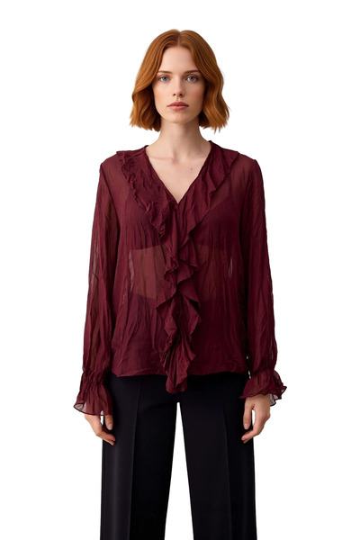 PayBuy Women's Wrinkled Look Chiffon Blouse V-Neck Long Sleeve Casual Stylish Shirt Design Functional