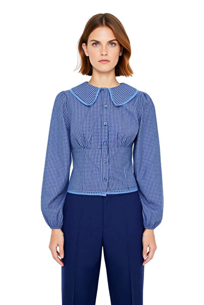 PayBuy Femei tinere guler tip Peter Pan Cămașă cu mânecă lungă, cu talie în carouri, detaliată, funcțională, durabilă, elegantă