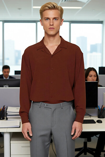 PayBuy Мъжка риза с широка кройка, обло деколте, дълъг ръкав, едноцветна, с тъкан с ленен вид, лятна мода