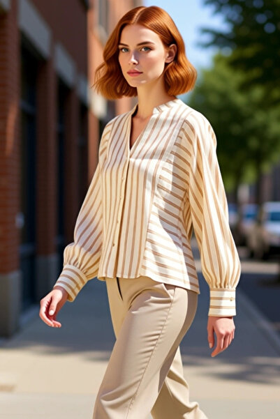 PayBuy Women's Striped High Neck Oversized Cut Muslin Shirt Daily Combination Essential Sportswear