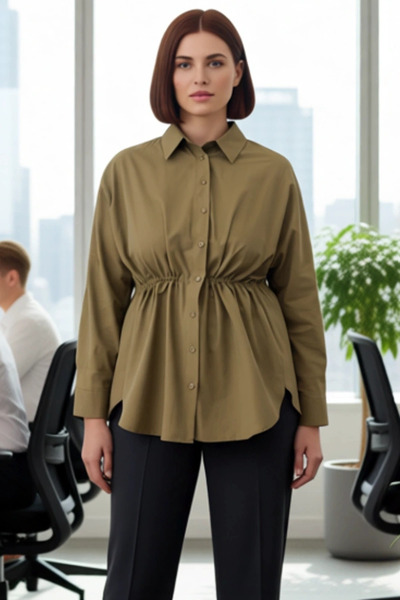 PayBuy Women's Drawstring Waist Detailed Long Sleeve Woven Shirt Plus Size Stylish and Comfortable Daily Wear