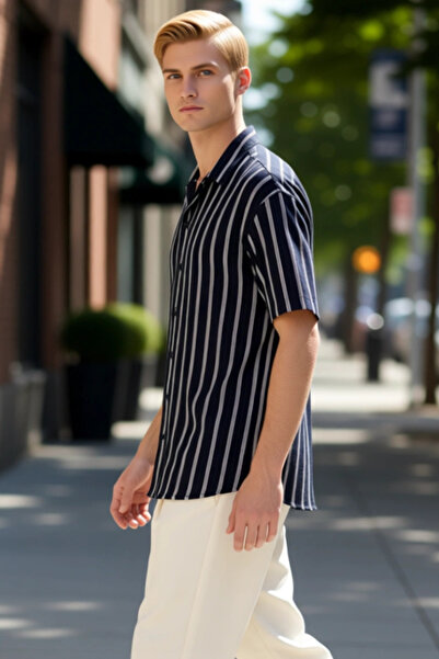 PayBuy Men's Wrinkled Striped Apache Collar Short Sleeve Shirt Functional Durable Quality Comfortable