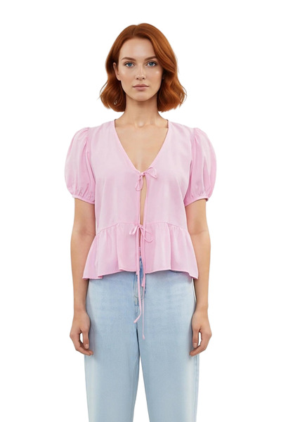 PayBuy V-Neck Short Sleeve Woven Blouse with Tie Detail Women's Summer Adds a Modern Touch Bold