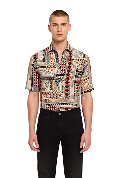 PayBuy Men's Summer Ethnic Patterned Apache Collar Regular Fit Short Sleeve Viscose Shirt Casual Elegance Stylish