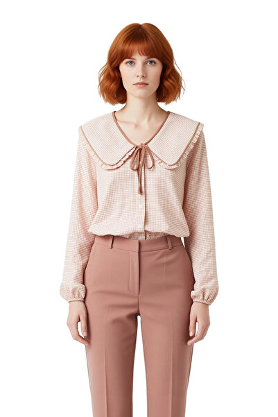 PayBuy Peter Pan collar Gingham Patterned Seersucker Woven Long Sleeve Women's Shirt Stylish and Comfortable Elegant at Every Moment