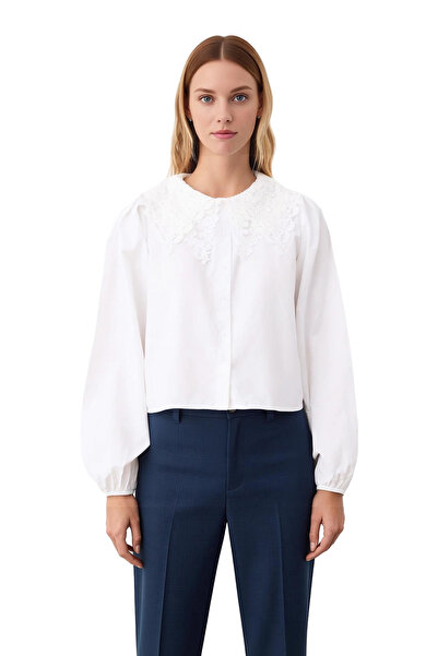 PayBuy Women's Guipure Embroidered B Peter Pan collar Crop Shirt Long Balloon Sleeves Woven Fabric Comfortable Cut Casual