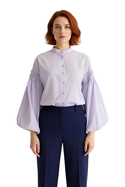 PayBuy Women's Relaxed Fit High Neck Balloon Sleeve Detailed Plain Woven Tunic Shirt Adding Elegance to Your Casual Style