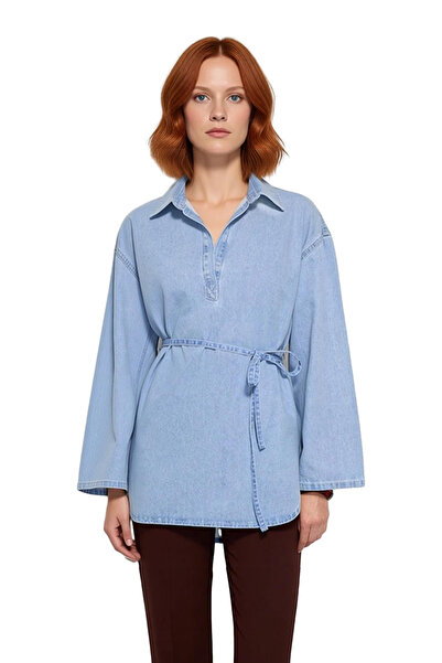 PayBuy Women's Oversized Denim Tunic Shirt Lace-Up Functional Durable Quality Comfortable Aesthetic