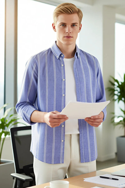 PayBuy Cămașă pentru bărbați, cu dungi, cu nasturi, cu mânecă lungă, slim fit Eleganță modernă, alegere ideală, confort zilnic