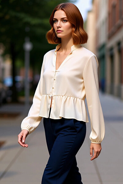 PayBuy Kadın Vizon Saten Hakim Yaka Büzgülü Crop Gömlek Fonksiyonel Dayanıklı...